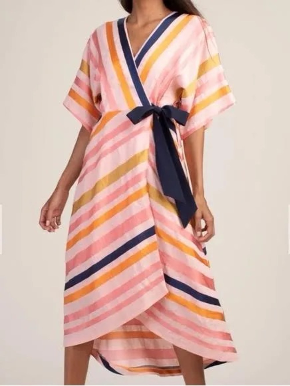 Trina Turk Endless Striped Wrap Midi Dress Pink Navy Size 2